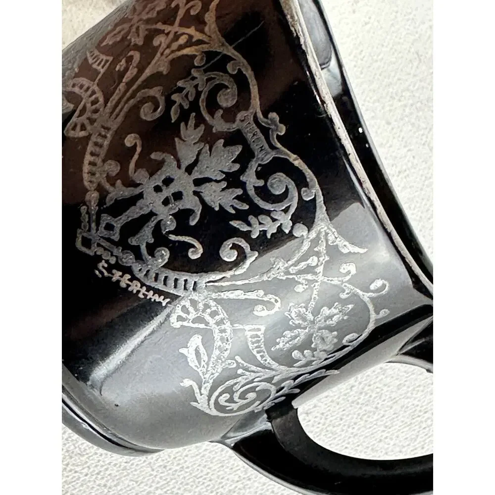 Sterling Vintage Black Amethyst Glass Creamer Etched Floral Depression Glass